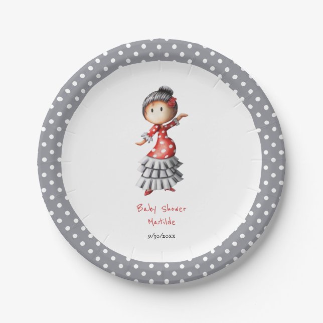 Pregnant Sevillana Flamenco Dancer Baby Shower Paper Plates (Front)
