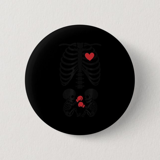 Pregnant Skeleton Twin Halloween Skeleton Boxing T Button (Front)