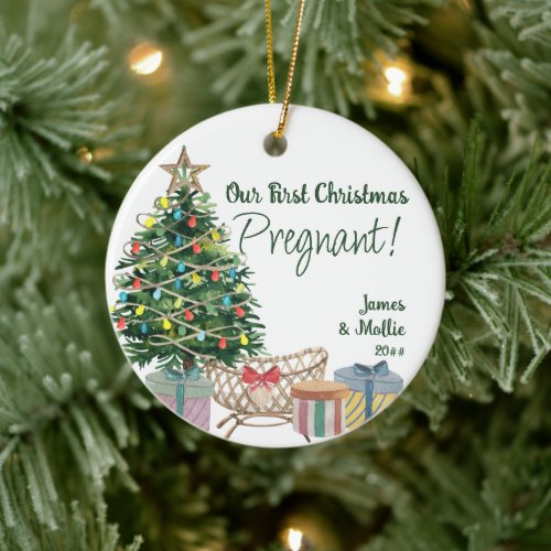 Pregnant Sonogram Photo Christmas Tree and Crib Ceramic Ornament