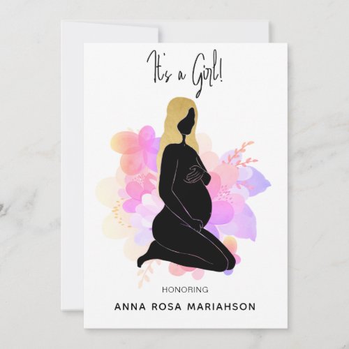 *~*  Pregnant Woman Black Gold Baby GIRL Shower Invitation