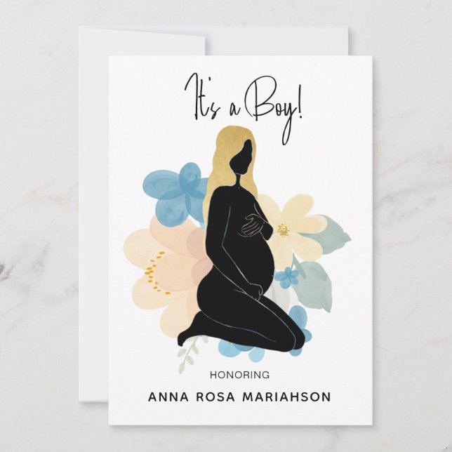 *~*  Pregnant Woman Black Gold Baby Shower Boy Invitation (Front)