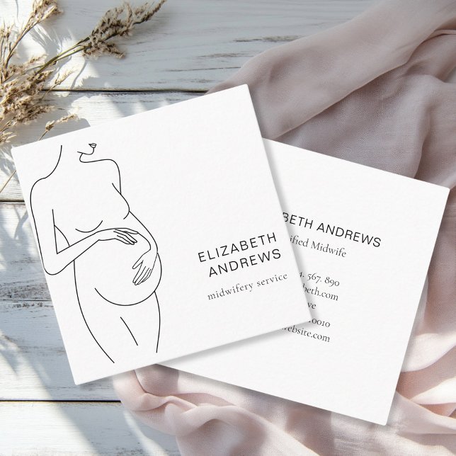 Pregnant Woman Simpel Modern White Square Business Card (Modern, minimalist business card, white,black. Line Art Illustration, pregnant woman. )