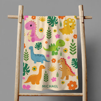 Prehistoric Cute Dinosaurus Dino Pattern with Name Baby Blanket