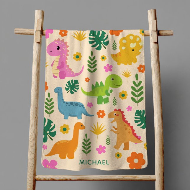 Prehistoric Cute Dinosaurus Dino Pattern with Name Baby Blanket (Creator Uploaded)