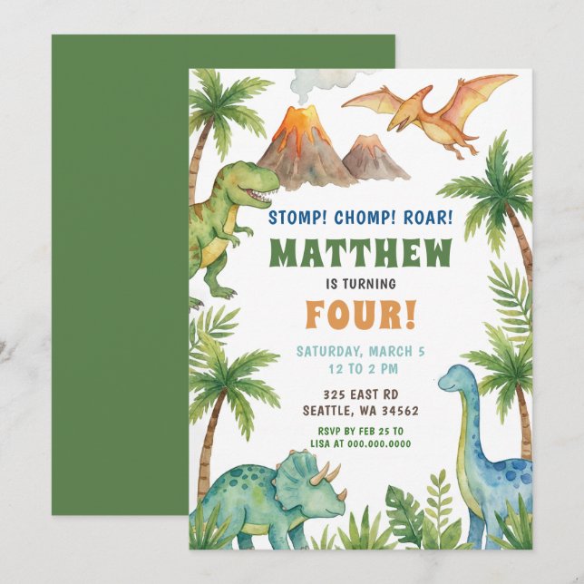 Prehistoric Dinosaur Birthday Party Invitation (Front/Back)
