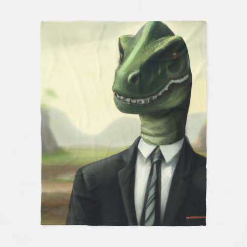 Prehistoric Dinosaur Businessman Fun AI Generated Fleece Blanket