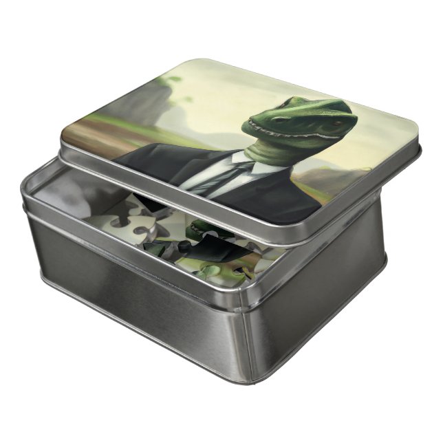 Prehistoric Dinosaur Businessman, Fun AI Generated Jigsaw Puzzle (Lid Open)
