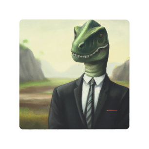 Prehistoric Dinosaur Businessman, Fun AI Generated Metal Print