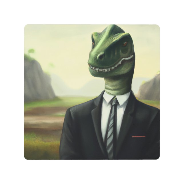 Prehistoric Dinosaur Businessman, Fun AI Generated Metal Print (Front)