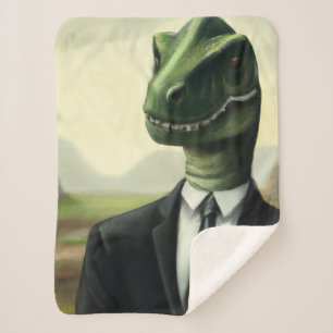 Prehistoric Dinosaur Businessman, Fun AI Generated Sherpa Blanket