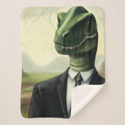 Prehistoric Dinosaur Businessman Fun AI Generated Sherpa Blanket