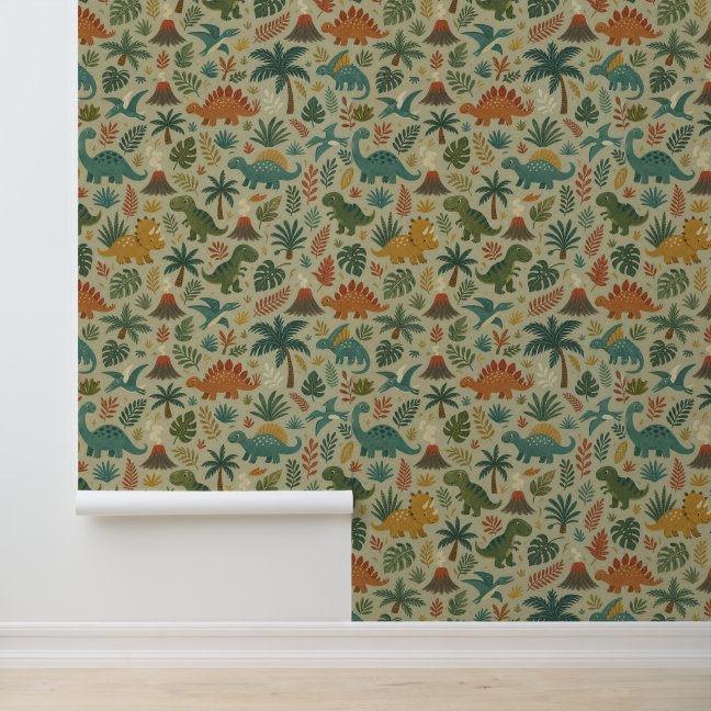 Prehistoric Dinosaur Pattern with Volcanoes Wallpaper