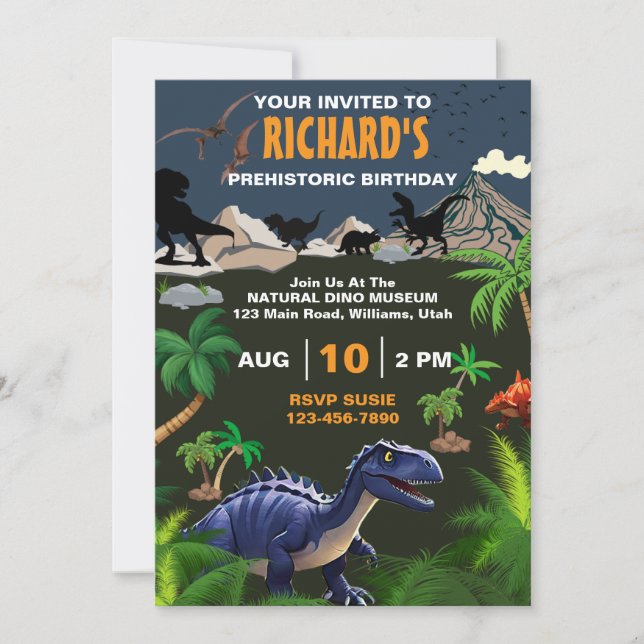 Prehistoric Dinosaur Theme Birthday Party Invitation (Front)