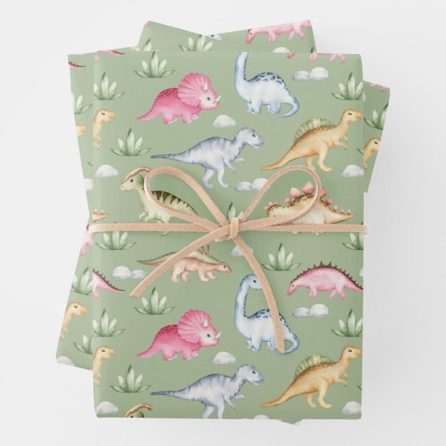 Prehistoric Dinosaurs and Plants Green Wrapping Paper Sheets (In situ)