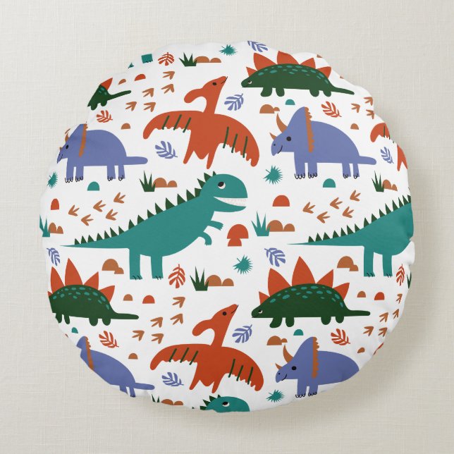 Prehistoric Dinosaurs & Fossil Prints Pattern Round Pillow (Front)