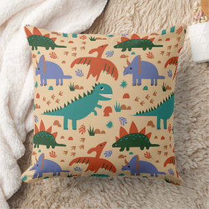 Prehistoric Dinosaurs & Fossil Prints Pattern Throw Pillow
