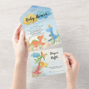 Prehistoric Dinosaurs Playing Boy Baby Shower All In One Invitation