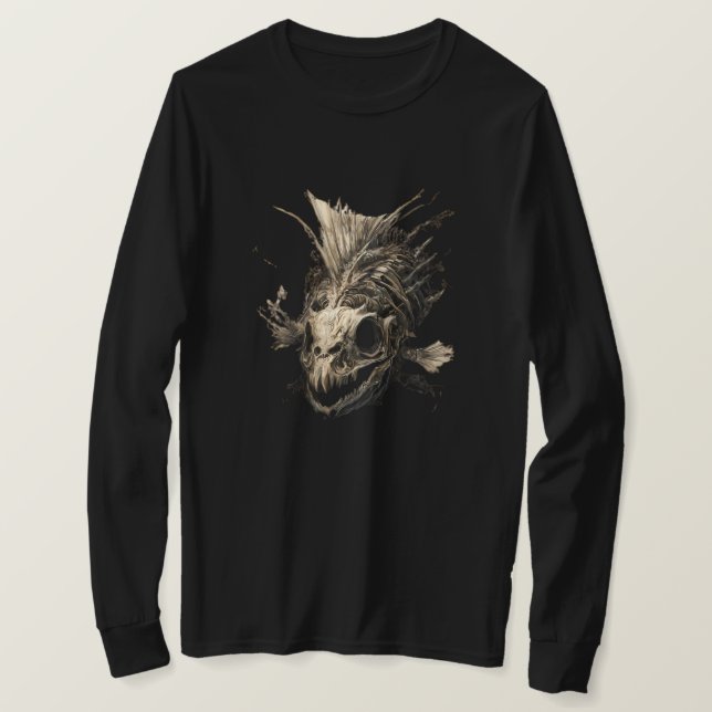 Prehistoric Fish Skull Grunge Dark Long Sleeve T-Shirt (Design Front)