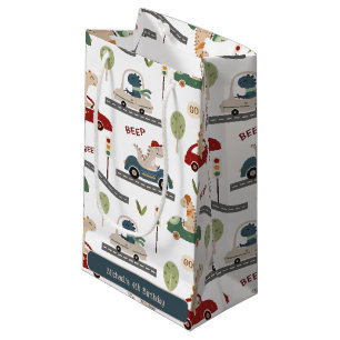 Prehistoric Groups of Colorful Dinosaurs Driving Small Gift Bag