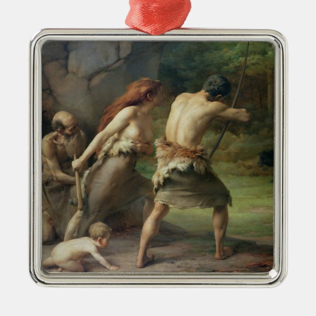 Prehistoric Man Hunting Bears, 1832 Metal Ornament (Front)