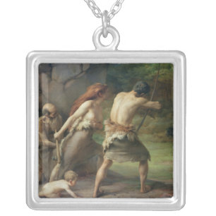 Prehistoric Man Hunting Bears, 1832 Silver Plated Necklace