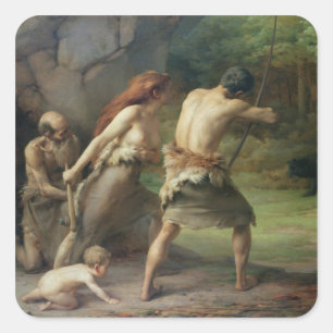 Prehistoric Man Hunting Bears, 1832 Square Sticker