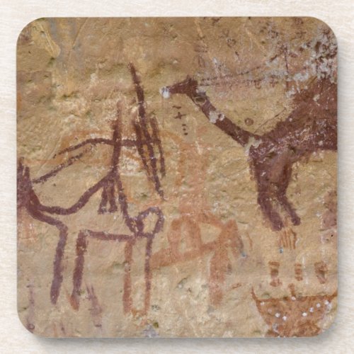 Prehistoric rock paintings with camels and beverage coaster