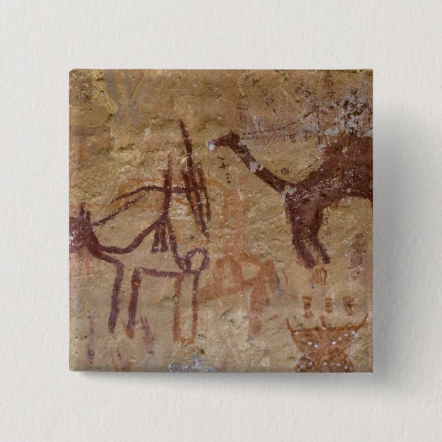 Prehistoric rock paintings with camels and pinback button (Front)