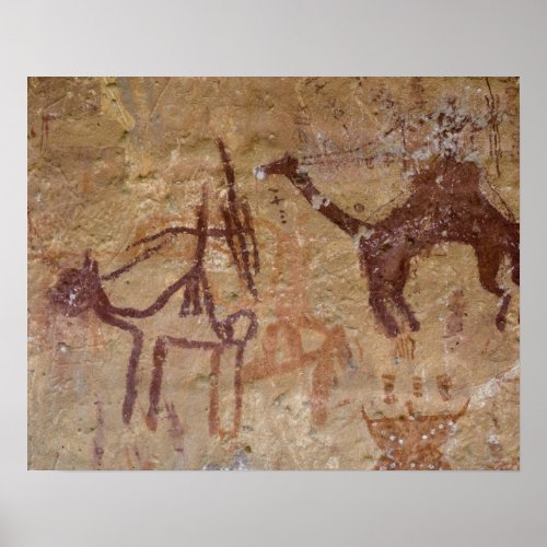 Prehistoric rock paintings with camels and poster