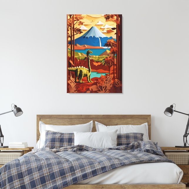 Prehistoric Serenity: Paper Cut Dinosaur Landscape Canvas Print (Insitu(Bedroom))