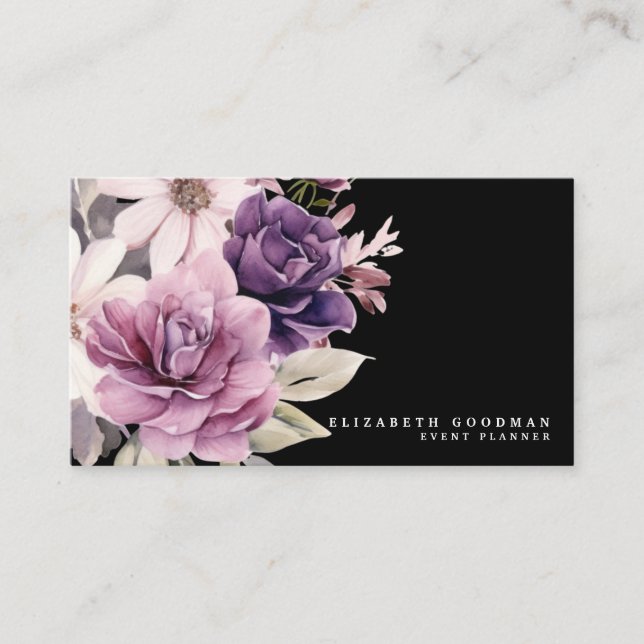 Premier Purple Floral Black Business Cards (Front)