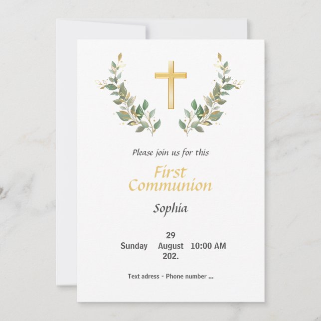 Première Communion - Croix fleurie Invitation (Front)