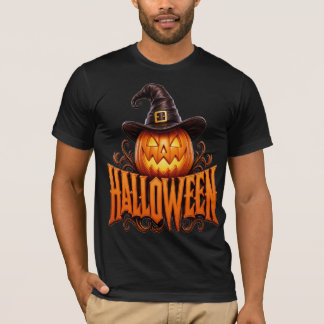 Premium 3D Halloween Pumpkin Logo with Witch Hat T-Shirt
