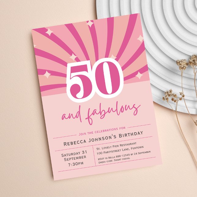 Premium 50th Birthday Invitation pink retro (50th Birthday Invitation, 50 and fabulous retro pink fifty party fun bright colorful)