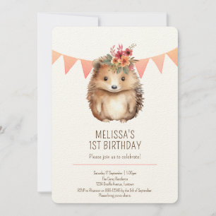 Premium any age, Floral Hedgehog Birthday for kids Invitation