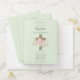 Premium BAPTISM Program Folder - Floral Cross Sage