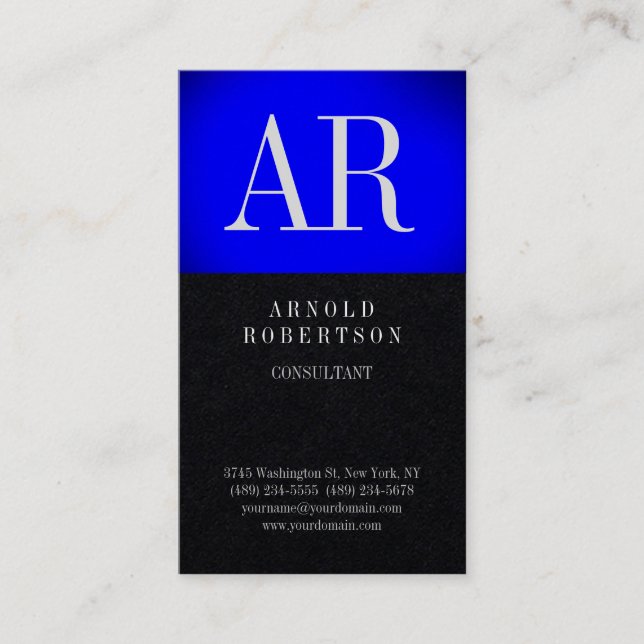 Premium Black Blue Trendy Monogram Plain Business Card (Front)