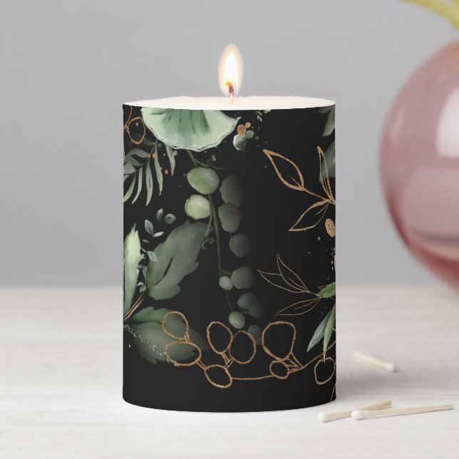 Premium Black Botanical Eucalyptus Greenery Pillar Candle (In Situ)