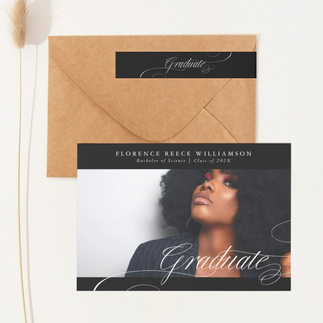 Premium Black Calligraphy Photo College Graduation Announcement (Creator Uploaded)