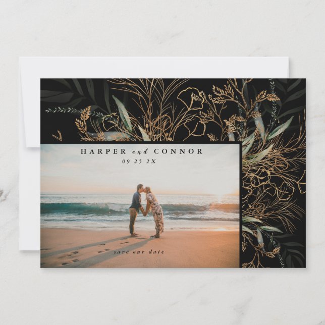 Premium Black Elegant Boho Sage Eucalyptus Photo Save The Date (Front)