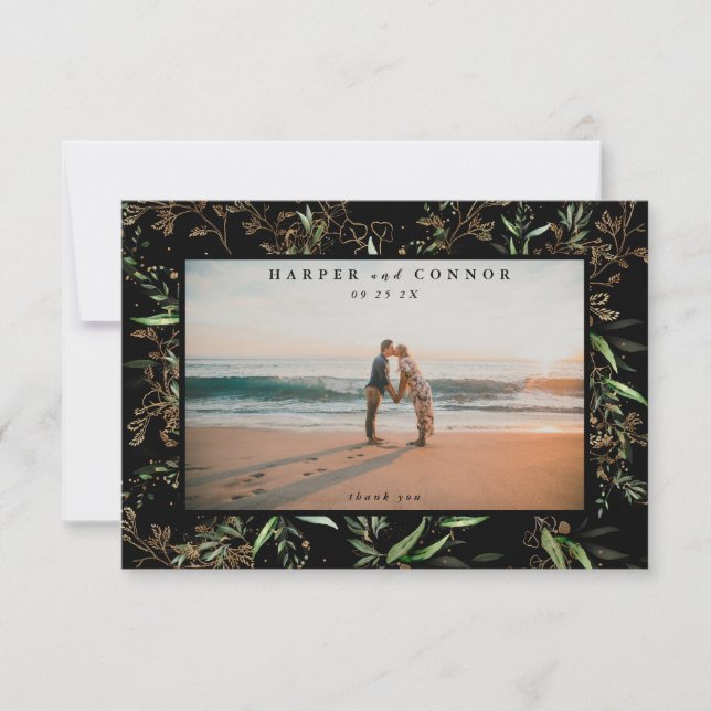 Premium Black Elegant Boho Sage Eucalyptus Photo Thank You Card (Front)