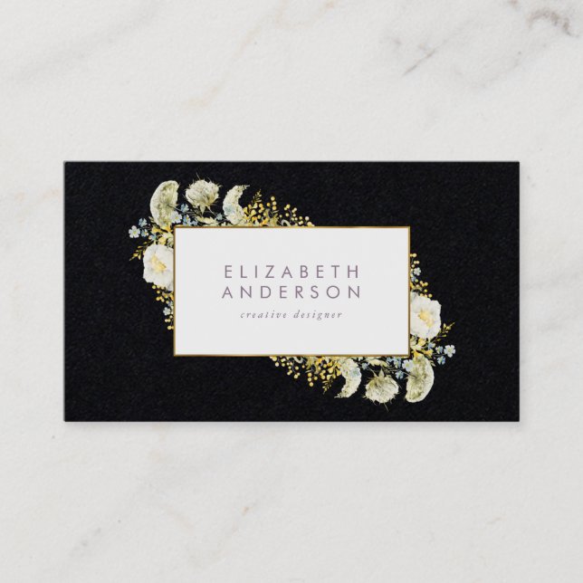 Premium Black Elegant Gold Wildflower Corporate Business Card (Front)