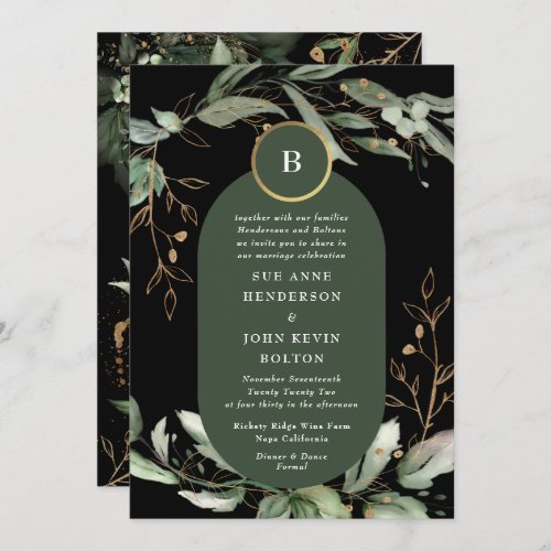 Premium Black Gold Botanical Eucalyptus Emerald Invitation