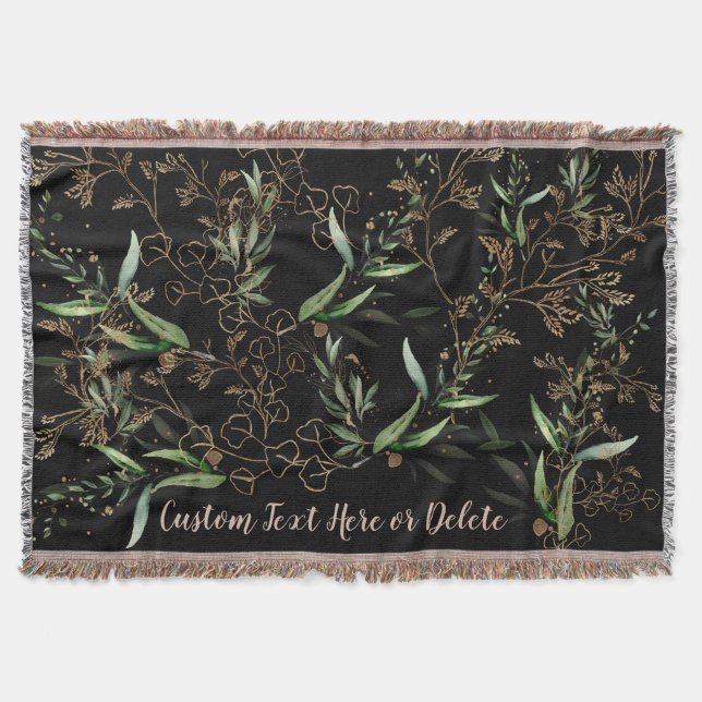 Premium Black Gold Botanical Eucalyptus Greenery Throw Blanket (Front)