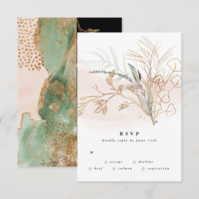 Premium Black Gold Botanical Eucalyptus Wedding RSVP Card (Front/Back)
