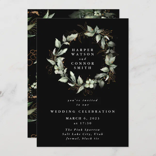 Premium Black Gold Eucalyptus Wreath Greenery Moss Invitation | Zazzle