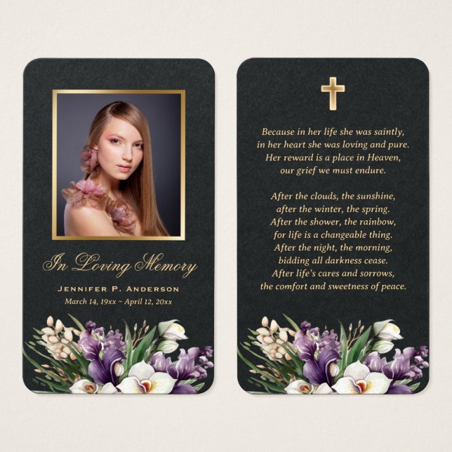 Premium Black Gold Floral Memorial Prayer Cards (Front & Back)