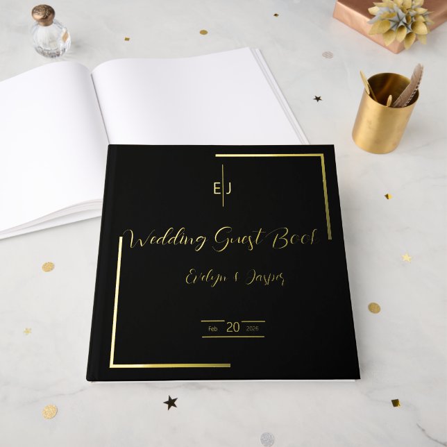 Premium Black Gold Modern Typography  Foil Guest Book (Front Open)
