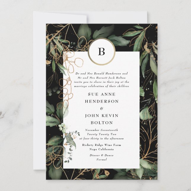 Premium Black Gold Monogram Botanical Eucalyptus Invitation (Front)
