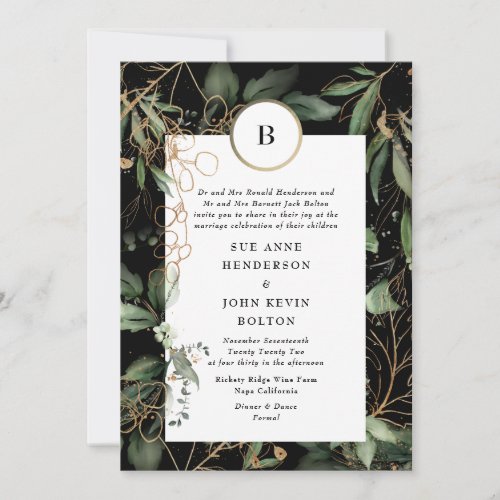 Premium Black Gold Monogram Botanical Eucalyptus Invitation